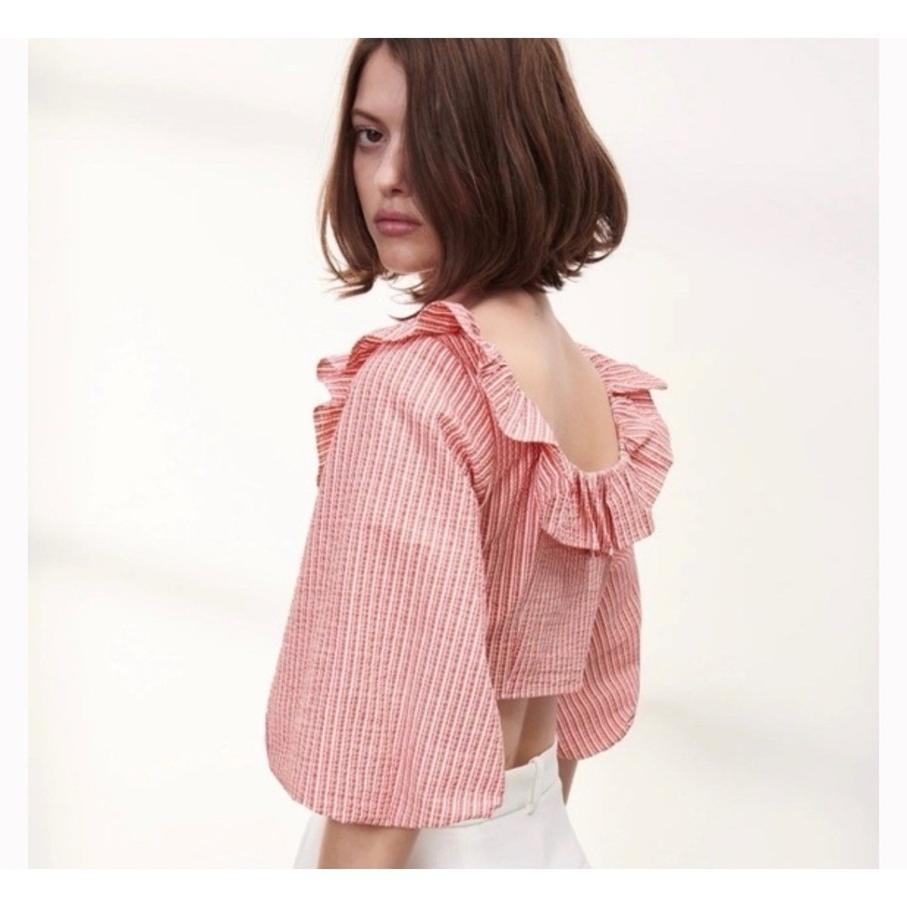 NWT‎ ZARA Red White Stripe Puff Sleeve XS Crop Top Woman Ruffle Cottage Boho